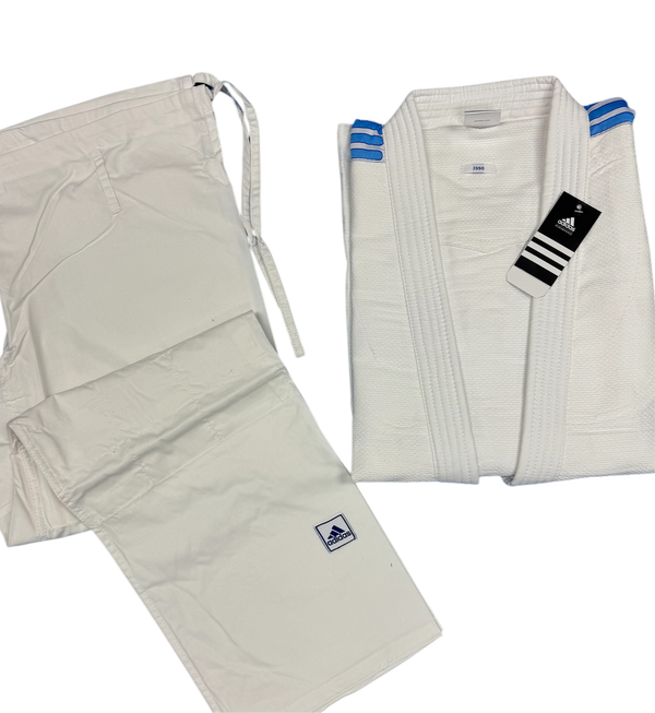 Judo suit Adidas Club J350 white with blue shoulder stripes